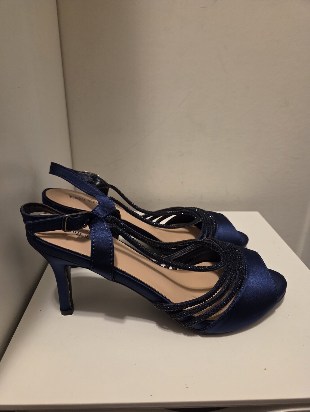 Women's Navy Blue Satin T-Strap Evening Sandals - Picture 2 of 4